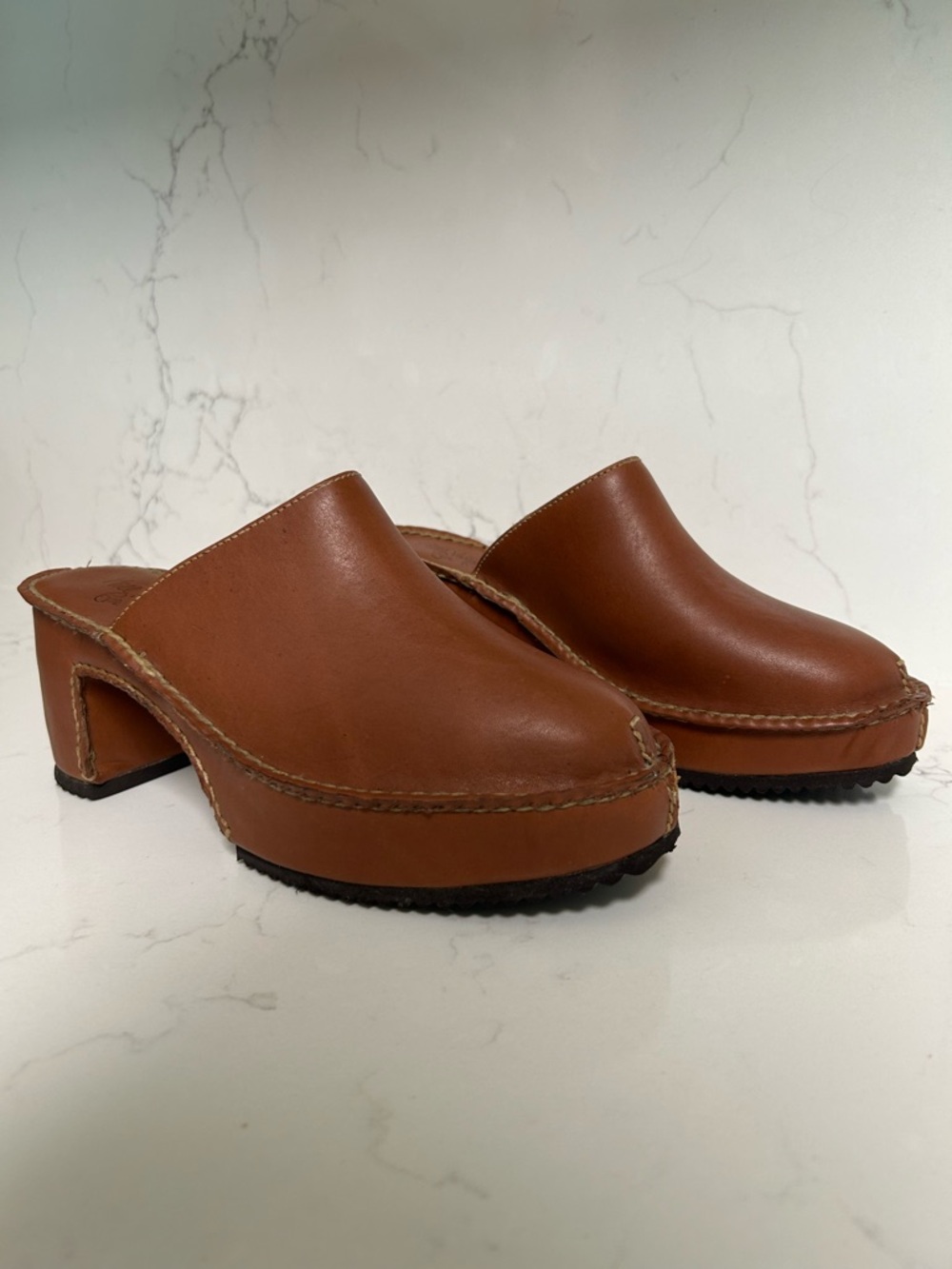 Women's Leather Tan Mule Clogs - Slip-On Block Heel